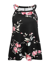 Black floral print basic style halter tank top with pink roses and white leaves for casual wear