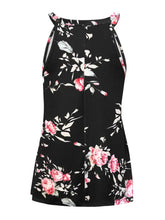 Black floral print basic style halter tank top with pink roses white leaves fitted silhouette and cut-out straps