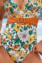 Floral Print Belted One Piece Swimsuit with Ruffled Chest