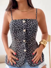 Black floral print button-down cami with thin straps and white buttons featuring a floral print button design