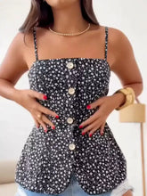 Black floral print button-down cami with corset-style top, thin straps, and white buttons down the front