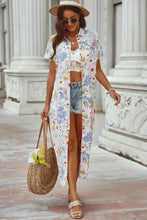 Floral print beach kimono with lace trim and short sleeve length