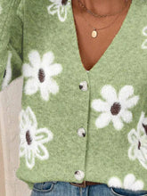 Light green floral print knit cardigan with daisies, v-neck, buttons