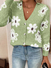 Floral print mint green knit cardigan with daisies, machine wash cold