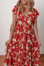 Floral Print Buttoned Front V Neck Tiered Short Sleeve Midi Dress Woman Dress