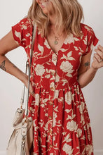 Floral Print Buttoned Front V Neck Tiered Short Sleeve Midi Dress Woman Dress