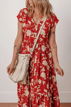 Floral Print Buttoned Front V Neck Tiered Short Sleeve Midi Dress Woman Dress