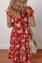 Floral Print Buttoned Front V Neck Tiered Short Sleeve Midi Dress Woman Dress