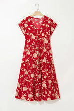 Floral Print Buttoned Front V Neck Tiered Short Sleeve Midi Dress Woman Dress