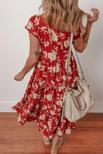 Floral Print Buttoned Front V Neck Tiered Short Sleeve Midi Dress Woman Dress