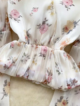 Floral print chiffon balloon sleeve blouse in ivory with soft pink and peach blossoms on lightweight flowing fabric