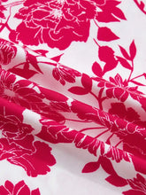 Floral print white blouse with bold red peony pattern and flutter sleeve in color block trim lace detail design
