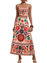 Floral print crop top and skirt set with red, green, purple embroidered blossoms on cream