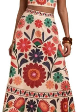 Floral Print Crop Top and Skirt Set with vibrant embroidered cream maxi skirt