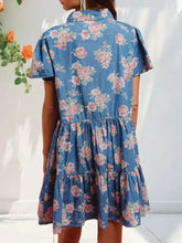 Floral print denim button-down tiered mini dress in pink and green with short sleeves and ruffle details