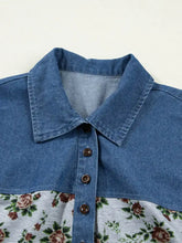 Floral print denim patchwork blouse with denim collar, floral patterned lower section, and brown buttons
