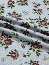 Floral print denim patchwork blouse with gray fabric featuring maroon roses and green leaves print denim patchwork design