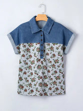 Floral print denim patchwork blouse with contrasting blue collar button placket and light gray short sleeves