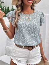 Floral Print Flutter Sleeve Blouse for Women Light Blue