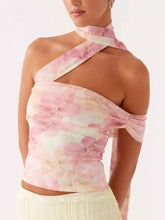 Delicate pink floral print halter neck cami with one-shoulder ruched bodice and tied shoulder straps