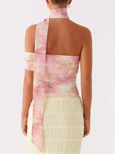 A pink and white tie-dye silk halter neck cami with a draped asymmetrical design floral print halter neck cami
