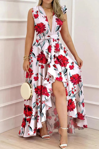 Floral Print High-Low Deep V-Neck Evening Dress White