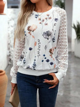 White floral print lace sleeve long sleeve blouse for women