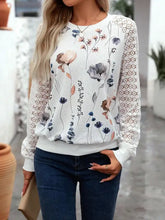 White floral print lace sleeve long sleeve blouse for women