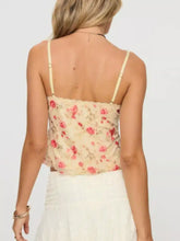 Beige floral print lace trim cami with thin straps and ruffled hem for a delicate feminine look