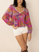 Floral Print Long Sleeve Blouse with Lace Trim Fuchsia Pink