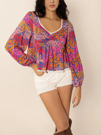 Floral Print Long Sleeve Blouse with Lace Trim Fuchsia Pink