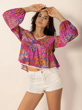 Floral Print Long Sleeve Blouse with Lace Trim