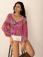 Floral Print Long Sleeve Blouse with Lace Trim