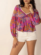 Floral Print Long Sleeve Blouse with Lace Trim