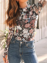 Floral Print Long Sleeve Mesh Top for Women