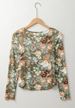 Olive green floral print long sleeve mesh top for women