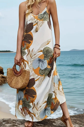 Floral Print Maxi Dress in Polyester White