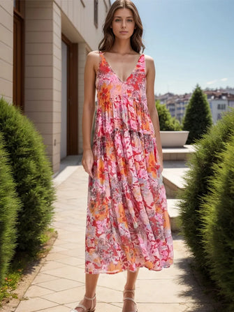 Floral Print Maxi Dress in Polyester with Lining Strawberry