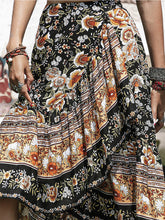 Floral Print Maxi Skirt High Low Viscose with Product Measurements