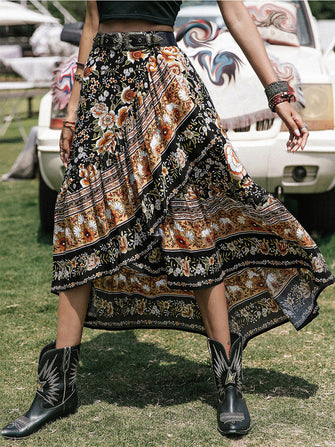 Floral Print Maxi Skirt High Low Viscose with Product Measurements Multicolor