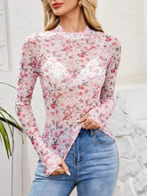 Floral Print Mesh Top for Women in Stretchy Polyester Blend Blush Pink Woman T Shirts