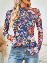 Floral Print Mesh Top for Women in Stretchy Polyester Blend Light Indigo