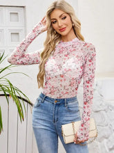 Floral Print Mesh Top for Women in Stretchy Polyester Blend Woman T Shirts