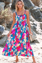 Floral Print Midi Dress in Teal Fuchsia and Orange with Side Pockets
