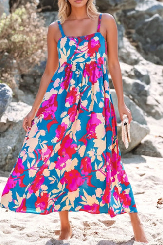 Floral Print Midi Dress in Teal Fuchsia and Orange with Side Pockets Floral