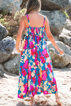 Floral Print Midi Dress in Teal Fuchsia and Orange with Side Pockets