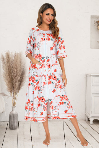 Floral Print Midi Nightgown with Pockets and Knee Length Design Burnt Coral