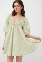Floral Print Mini Dress Casual 100 Percent Polyester Yellow Green