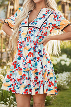 Floral Print Mini Dress with Black Trim and Ruffled Details