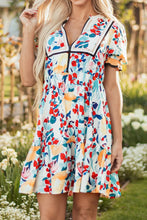 Floral Print Mini Dress with Black Trim and Ruffled Details